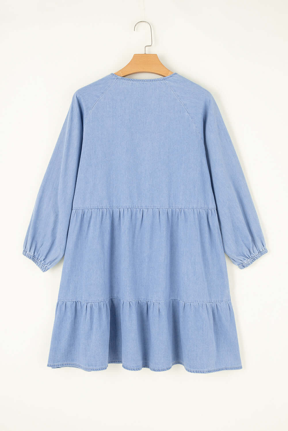 Beau Blue Puff Sleeve V Neck Tiered Ruffled Chambray Mini Dress - Little Miss Vanilla