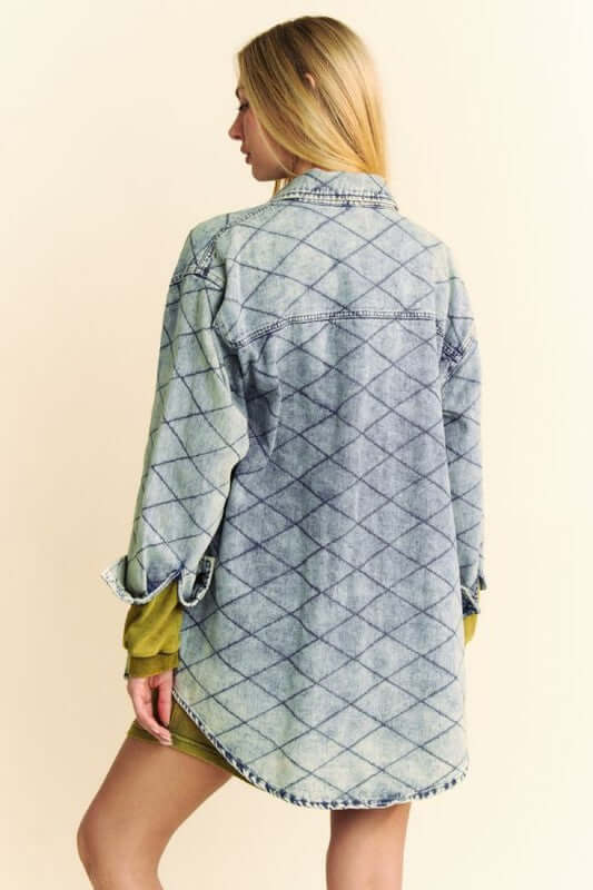 Davi & Dani Curved Hem Diamond Quilted Button Up Denim Shacket - Little Miss Vanilla