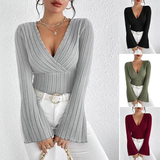 Women's Autumn And Winter Rib Sunken Stripe V-neck Slim-fit Long Sleeve T-shirt Women's Top