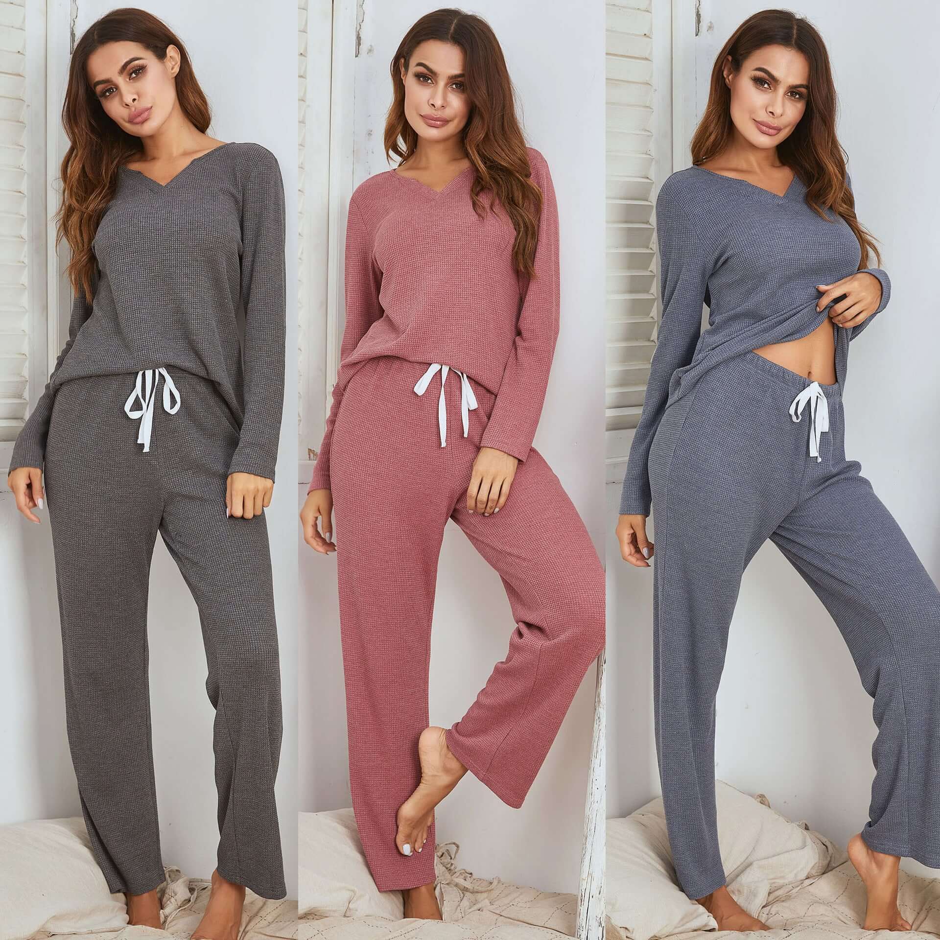 Waffle long sleeve pajamas suit for women in gray, cameo red, and gray blue, perfect for casual or sleepwear.