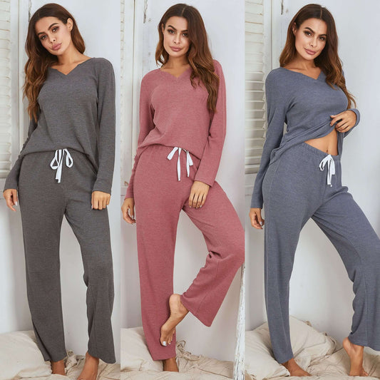 Waffle long sleeve pajamas suit for women in gray, cameo red, and gray blue, perfect for casual or sleepwear.