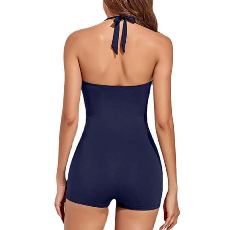 Women's navy blue one-piece bikini swimwear, back view with halter tie design, perfect for swimming and wading.