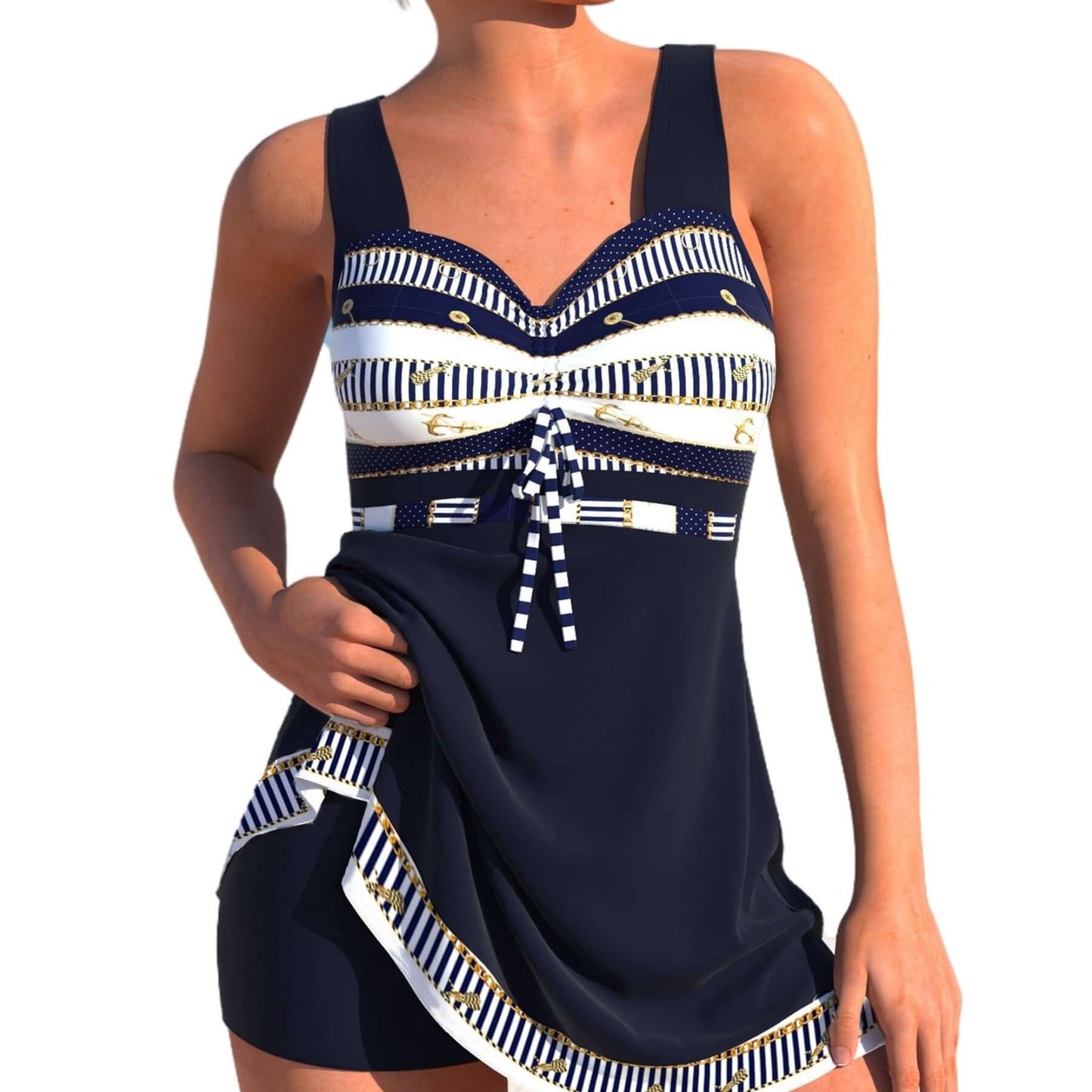 Plus size women's swimwear in navy with stripes and bow detail, ideal for summer beach outings.