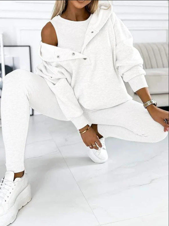 3pcs Women&#39;s Sports Suit Loose Hooded Pockets Sweatshirt And Vest And Slim Trousers