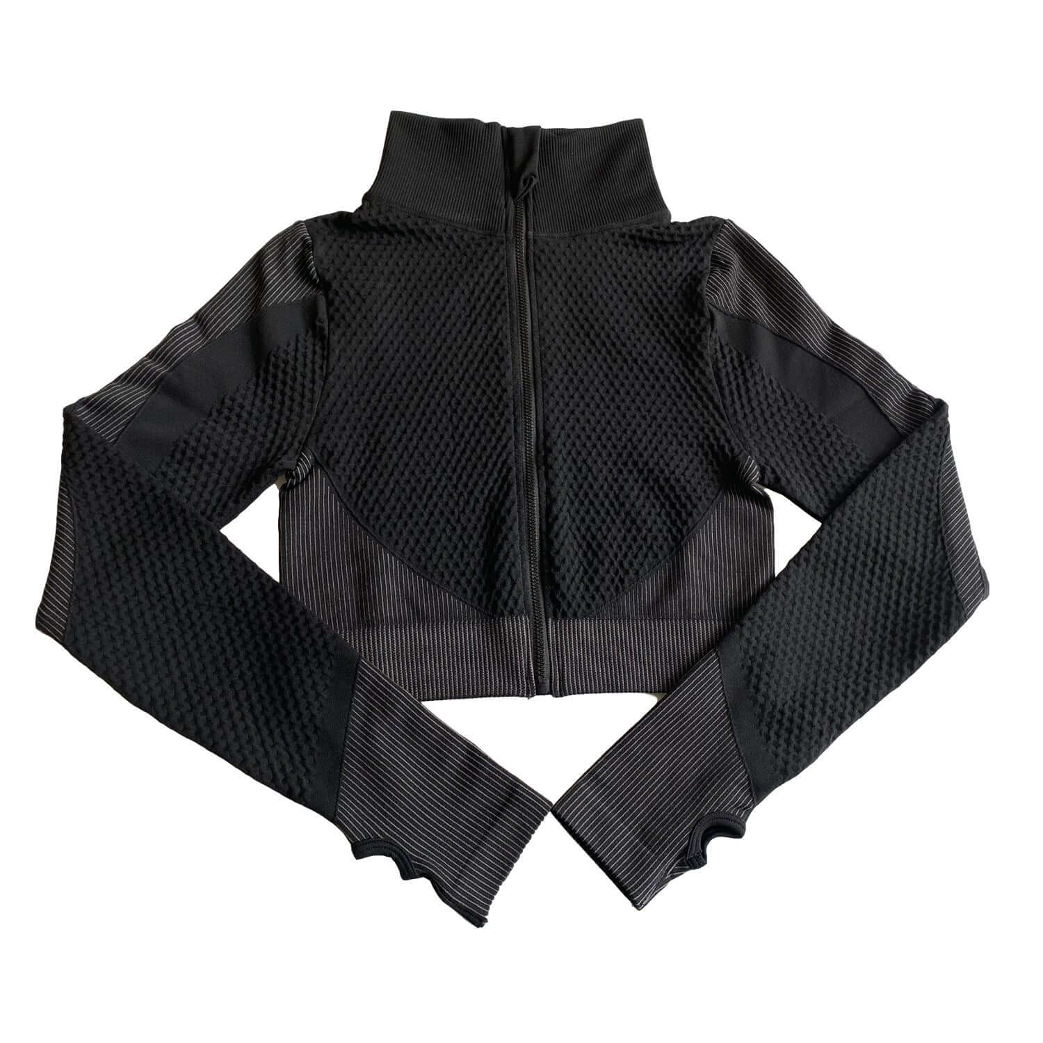 Shark women's long sleeve seamless gym top for fitness, black solid color, perfect for winter, spring, and autumn.