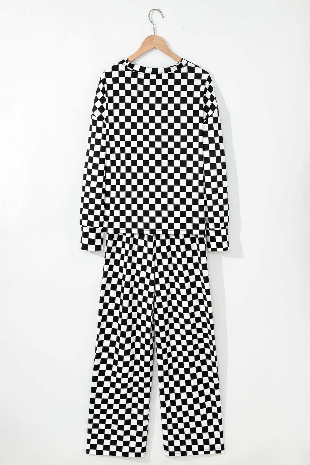Black Checkered Print Long Sleeve Top and Pants Lounge Set