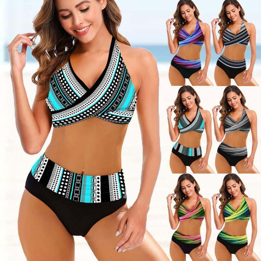 European and American ladies split bikini in stylish striped tie-dye design, perfect for summer beachwear and women's swimwear.