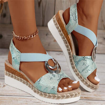 Women&#39;s Peep Toe Serpentine Wedges Sandals With Circle Design Casual Summer Shoes