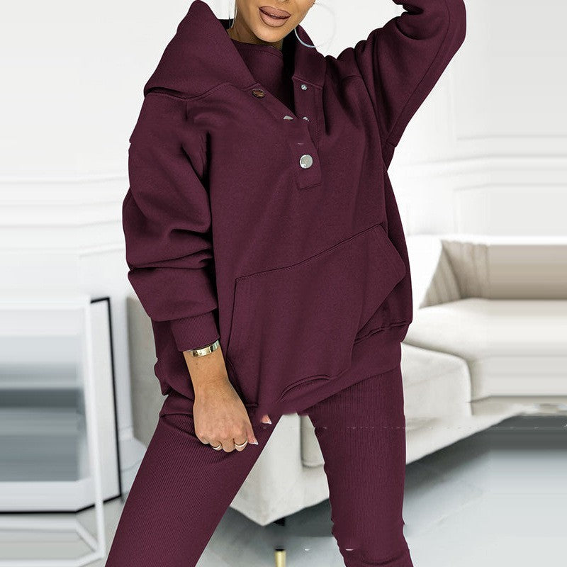 3pcs Women&#39;s Sports Suit Loose Hooded Pockets Sweatshirt And Vest And Slim Trousers