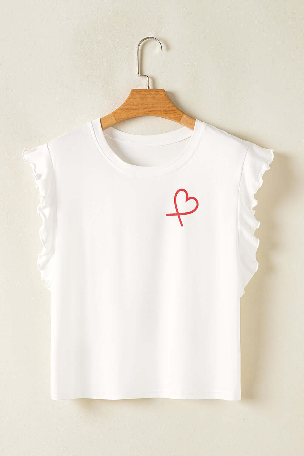 White ruffled tank top with red heart print, perfect for women's PJs from Little Miss Vanilla Clothing UK.