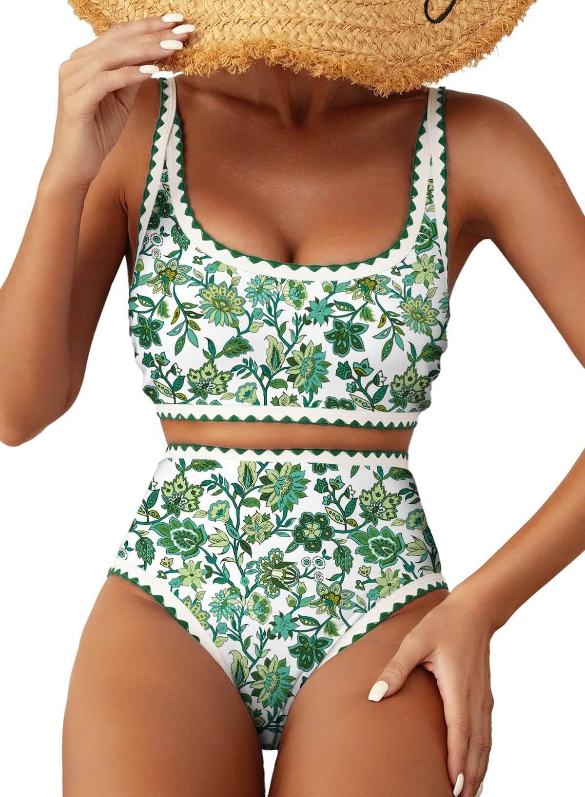 Women's floral paisley pattern bikini swimsuit with high waist, perfect for summer swimming and wading.
