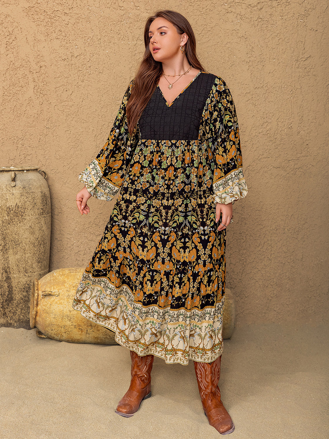 Plus Size Floral V-Neck Balloon Sleeve Midi Dress - Little Miss Vanilla