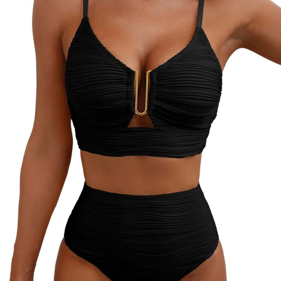 Black women's swimwear bikini with V-neck and high waist design, featuring a stylish cutout accent.
