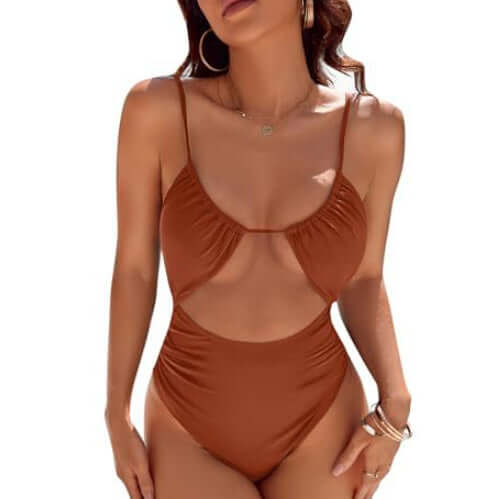 Stylish women&#39;s one-piece swimsuit in brown with adjustable straps and cutout design, perfect for summer beachwear.