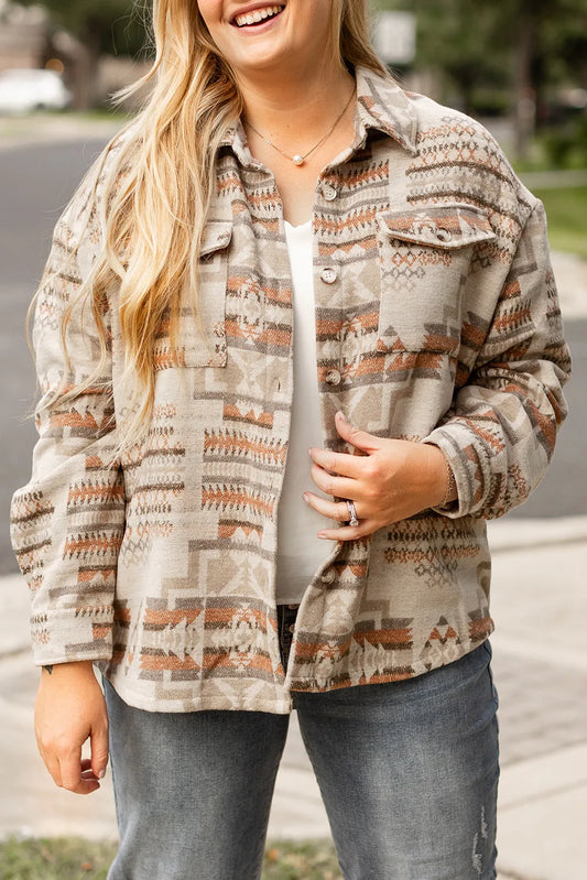Plus Size Geometric Collared Neck Long Sleeve Jacket - Little Miss Vanilla