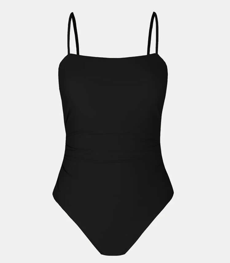 Women's black one-piece swimsuit with adjustable straps, perfect for swimming and wading.