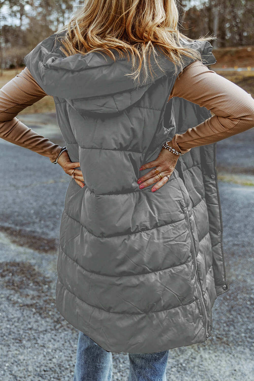 Dark Grey Hooded Long Quilted Vest Coat - Little Miss Vanilla