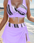 Split swimsuit for women in purple, stylish three-piece halter bikini, perfect for summer and beach outings.
