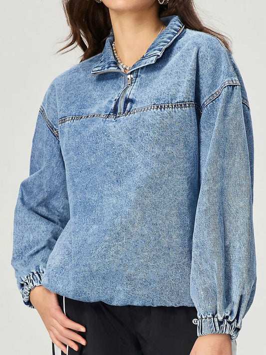 Quarter Zip Collared Neck Denim Top - Little Miss Vanilla