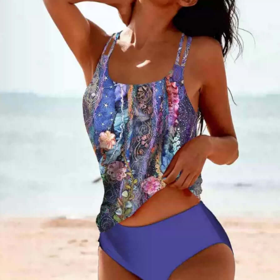Vintage printed split high waist conservative swimwear for women, featuring colorful design and flattering silhouette.