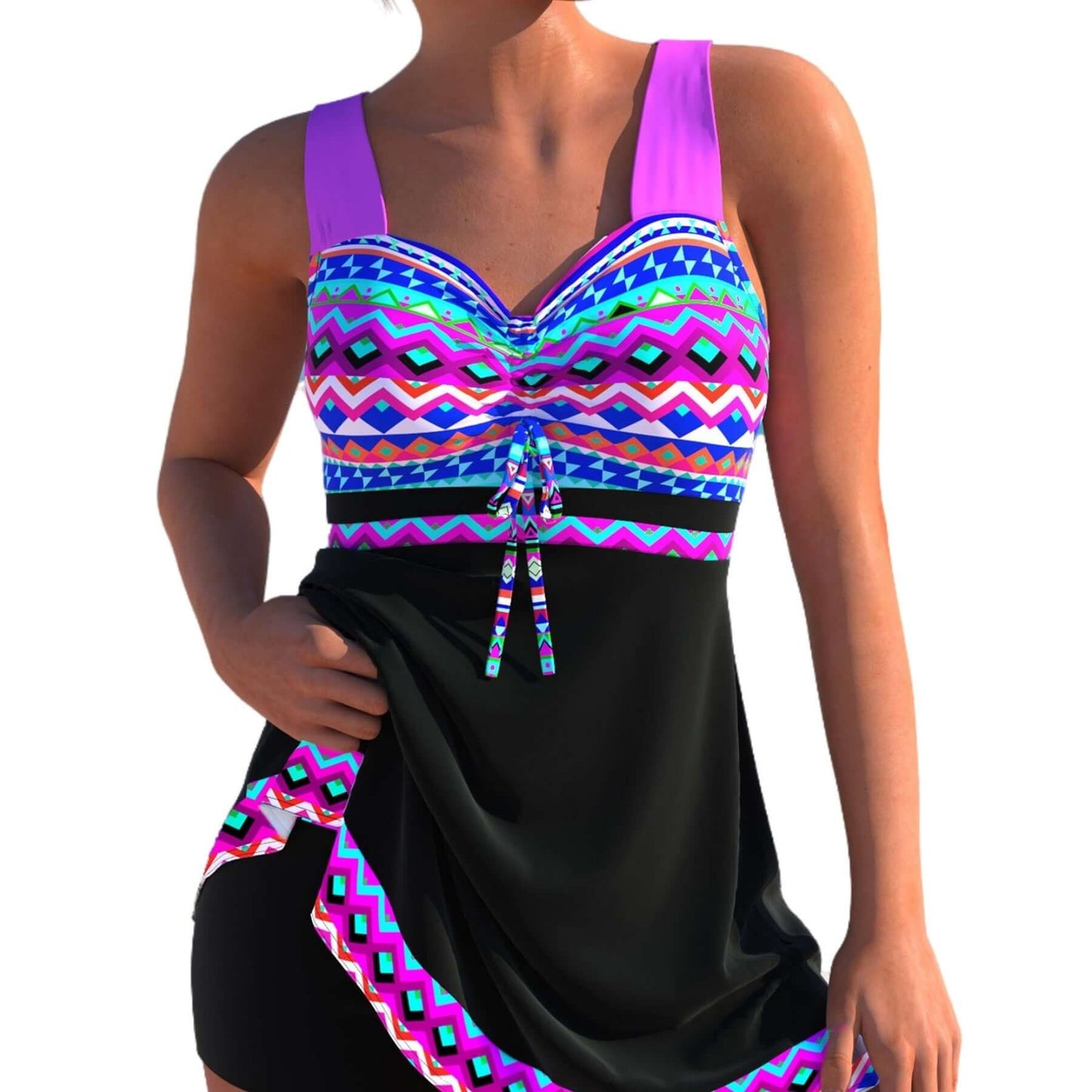 Plus size women's quick-drying bikini swimsuit with colorful patterned top and black split skirt design.