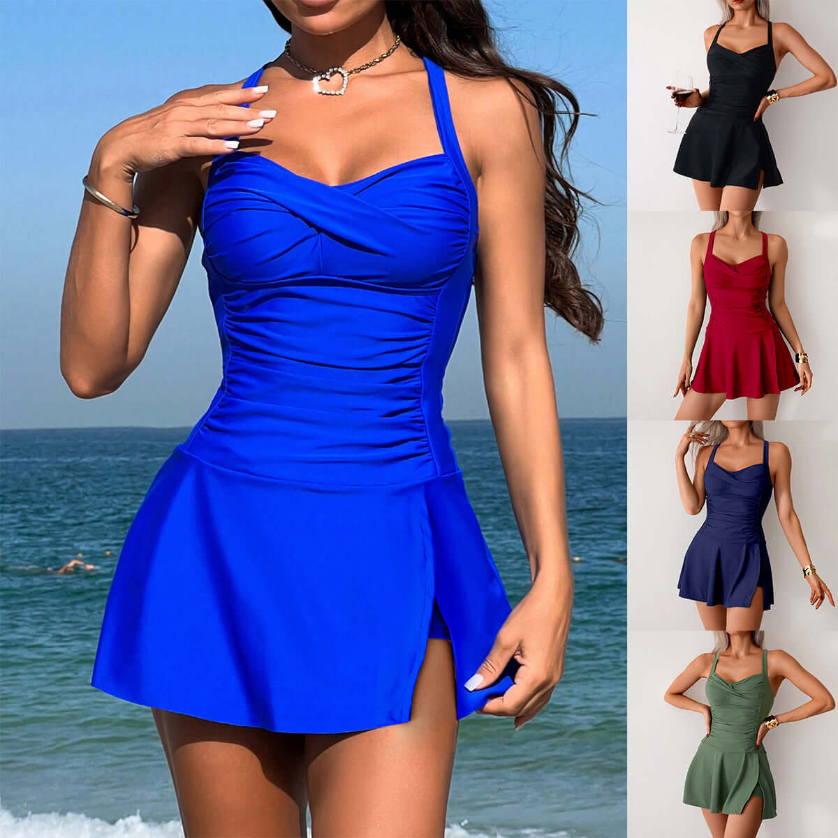 Summer split swimsuit for women in blue, showcasing skirt style and plus size options, perfect for beach outings.