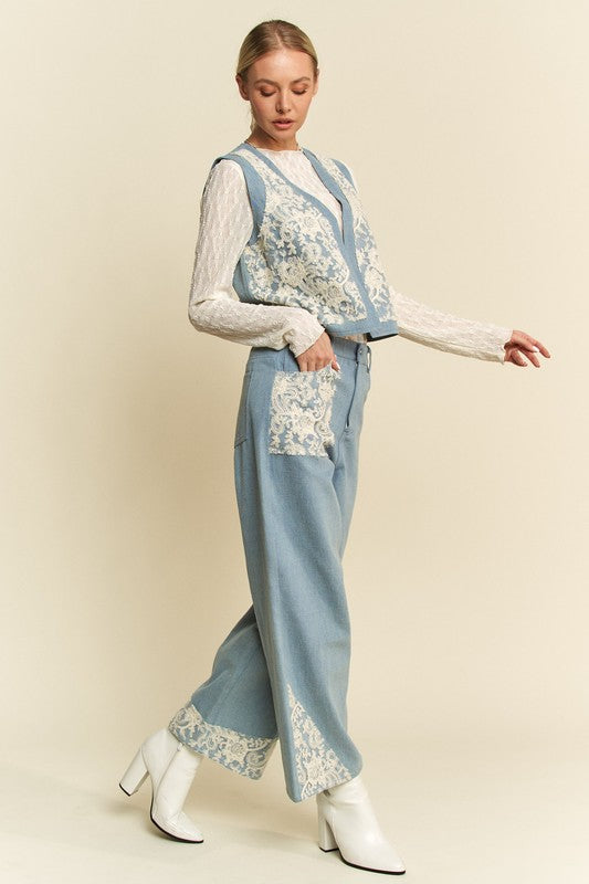 Davi & Dani Lace Patch Open Front Denim Vest - Little Miss Vanilla