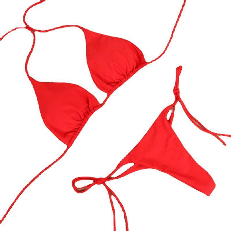 Halter neck tie bikini in red, women's swimwear featuring a stylish and comfortable design for summer outfits.
