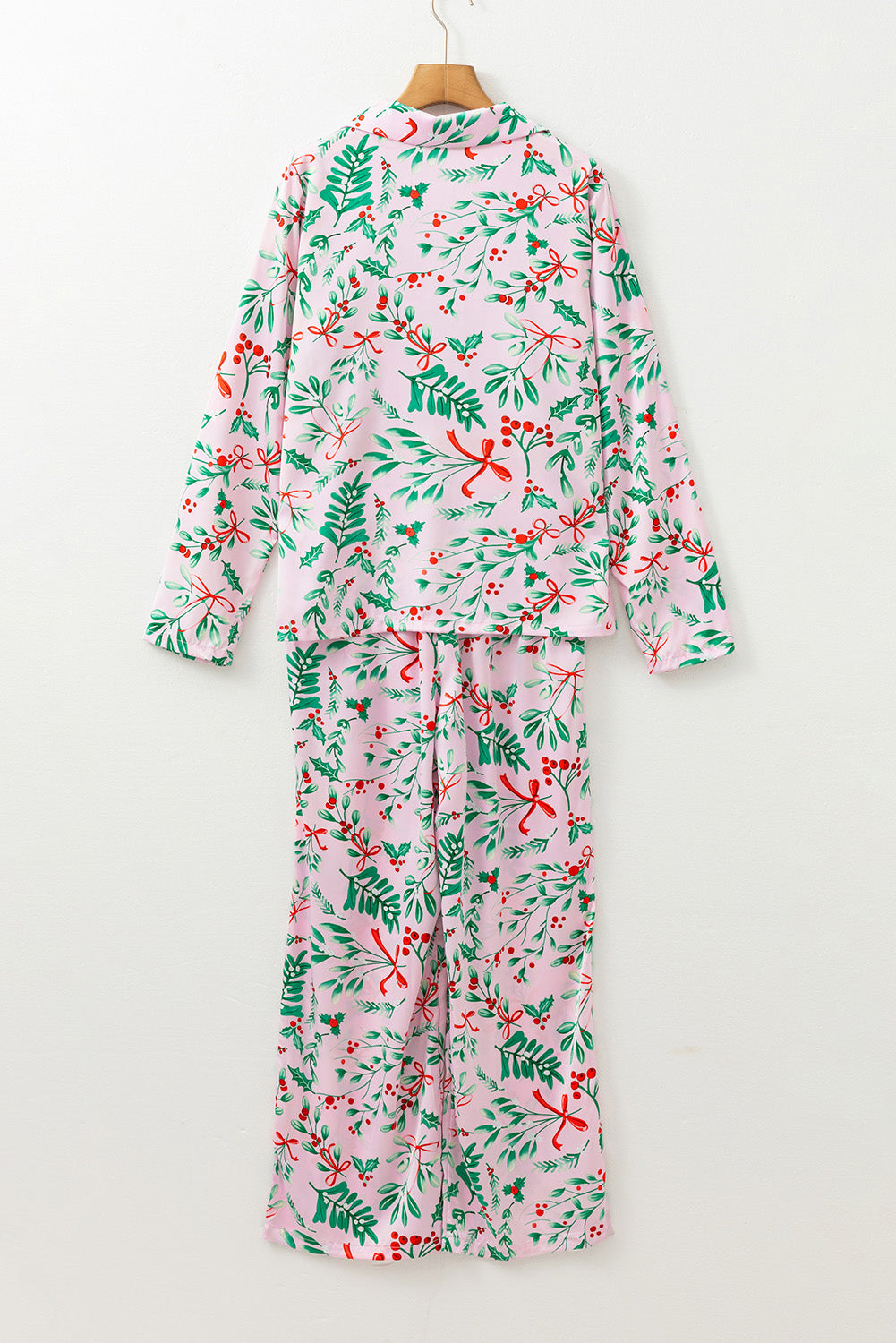 Pink Christmas Berries Plant Print Satin Long Sleeve Pajama Set - Little Miss Vanilla