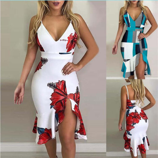 Collage halter irregular skirt dresses featuring floral prints and a sleek MIDI length design.