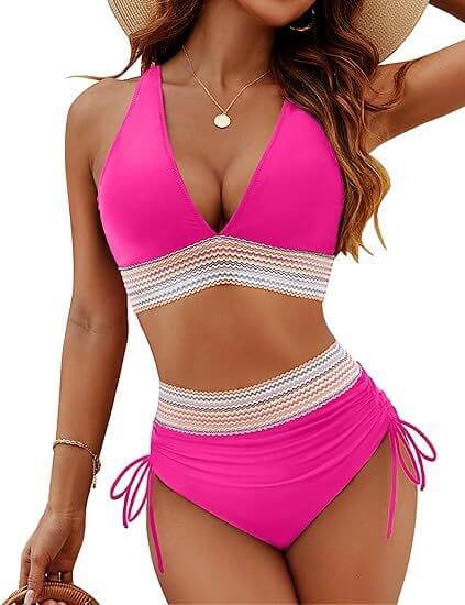 Fashion women's high waist bikini split suit in vibrant pink with stylish design, perfect for summer swimwear.