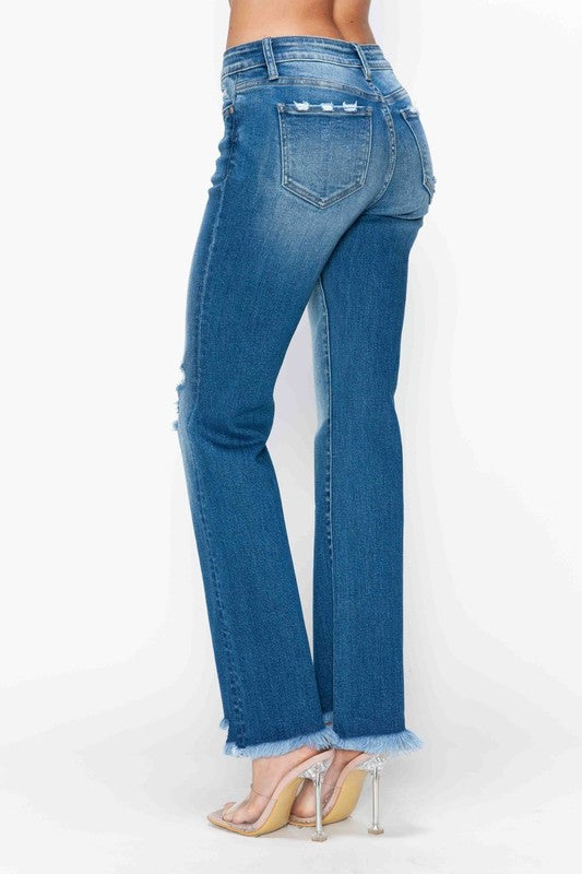 bytos Full Size Raw Hem Distressed Mid Rise Straight Jeans - Little Miss Vanilla