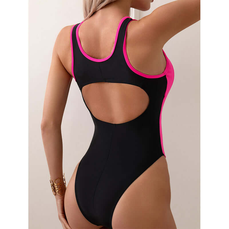 Women's high-grade solid color sports jumpsuit in black and pink, showcasing stylish back design.
