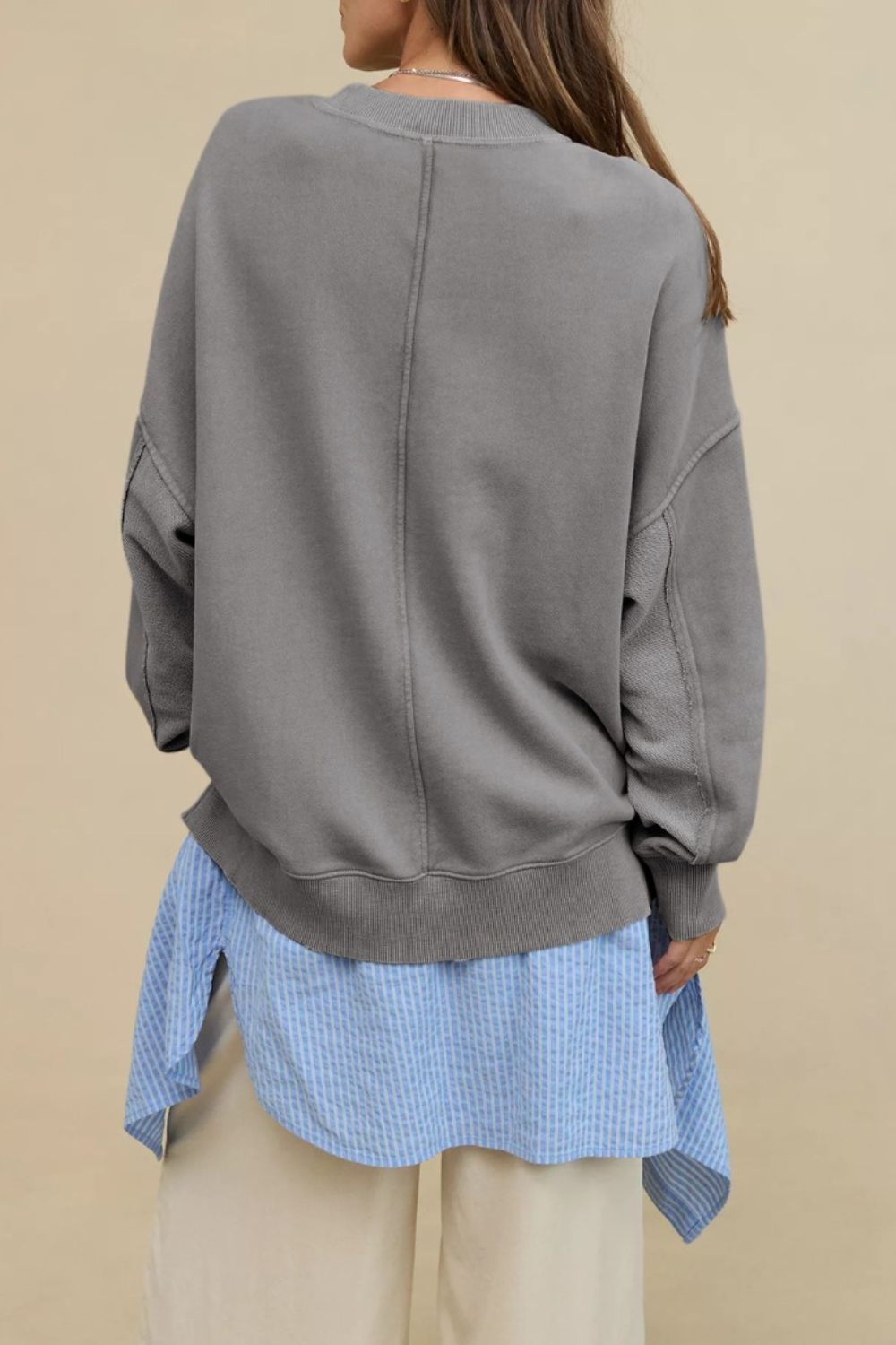 Side Slit Round Neck Long Sleeve Sweatshirt - Little Miss Vanilla