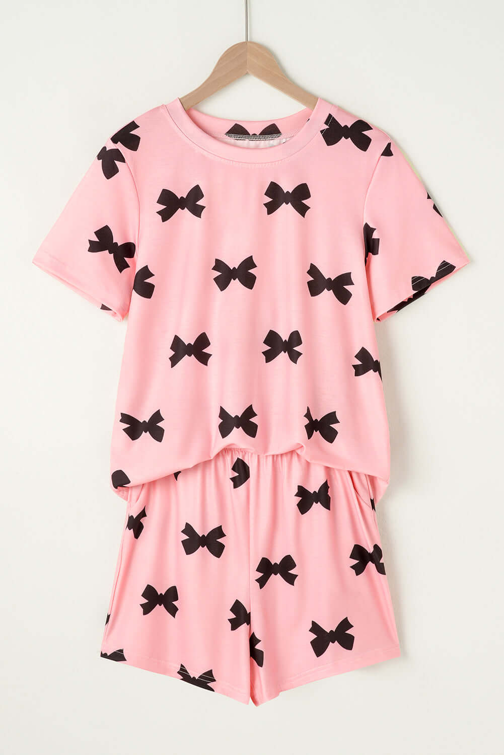 Pink bow printed short 2pcs lounge set for women, stylish PJs from Little Miss Vanilla clothing UK.