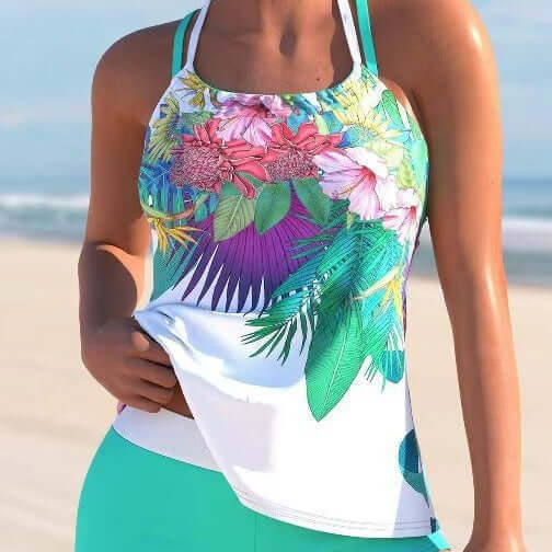 Ladies large flower print women's swimwear top in vibrant colors, perfect for beach days and summer fun.
