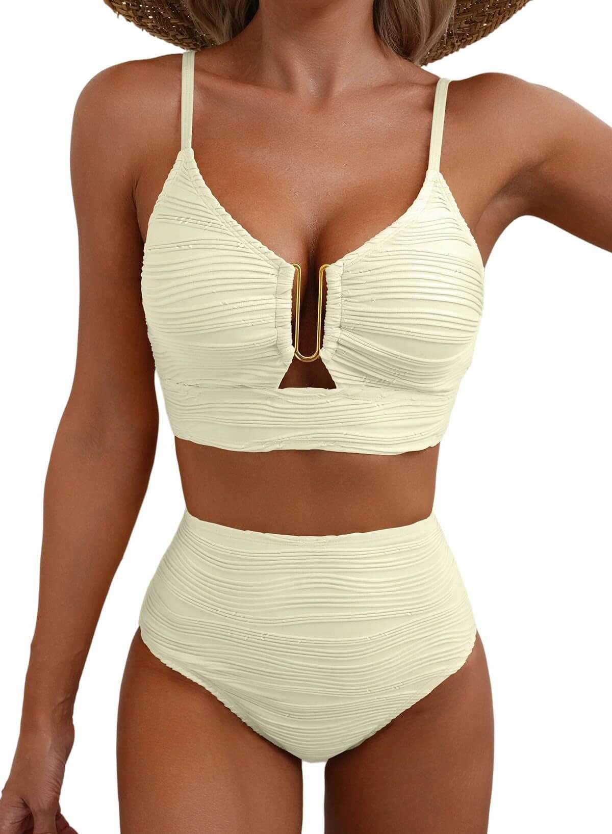 Women's swimwear: stylish high-waist bikini in pastel yellow with V-neck and sleeveless design.