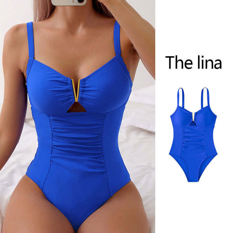 Blue women's body shaping bikini swimsuit with a stylish design and V-neck, perfect for summer swimwear.