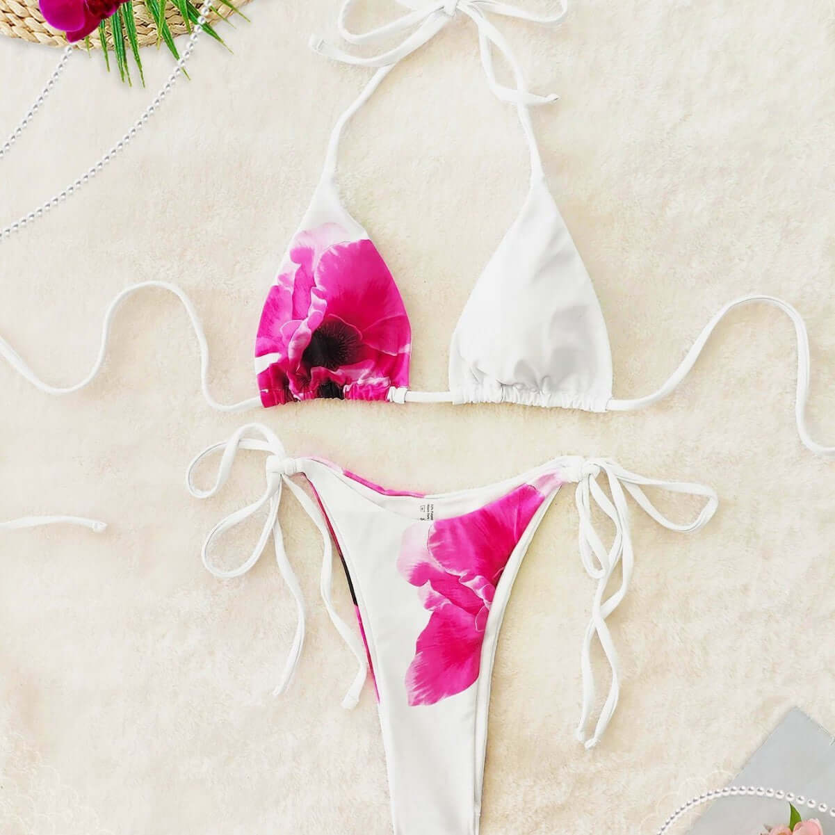 Printed floral bikini set for women's swimwear, featuring a stylish triangle top and matching bottom.