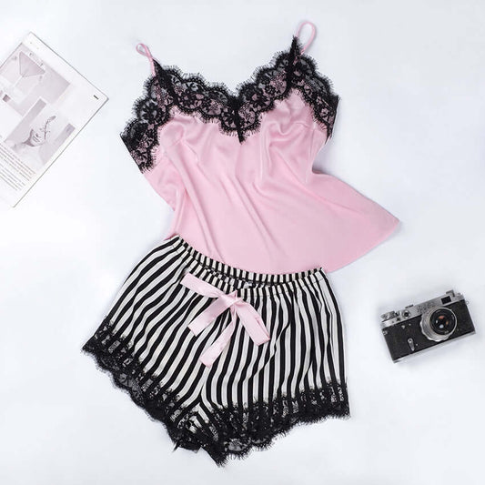 Summer pink silk satin pajamas with black lace and striped shorts, perfect for women's home wear.