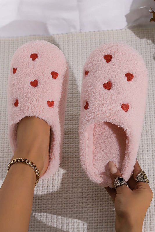 Pink Heart Shape Embroidered Slip On Plush Slippers - Little Miss Vanilla