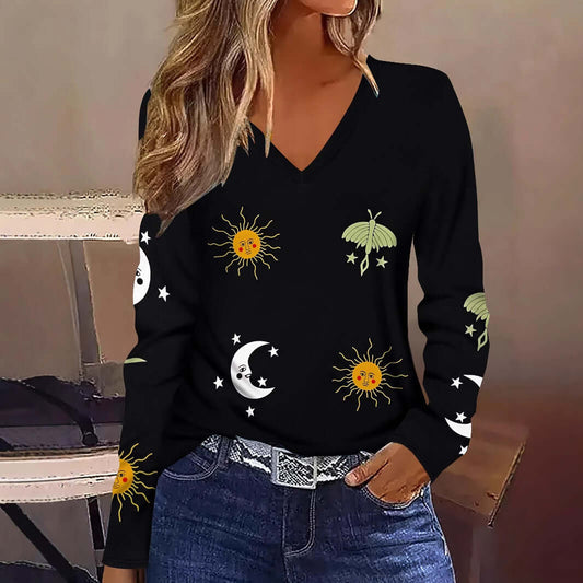 Sun Moon Star Butterfly Graphic Breathable Printed V-neck Long Sleeve T-shirt