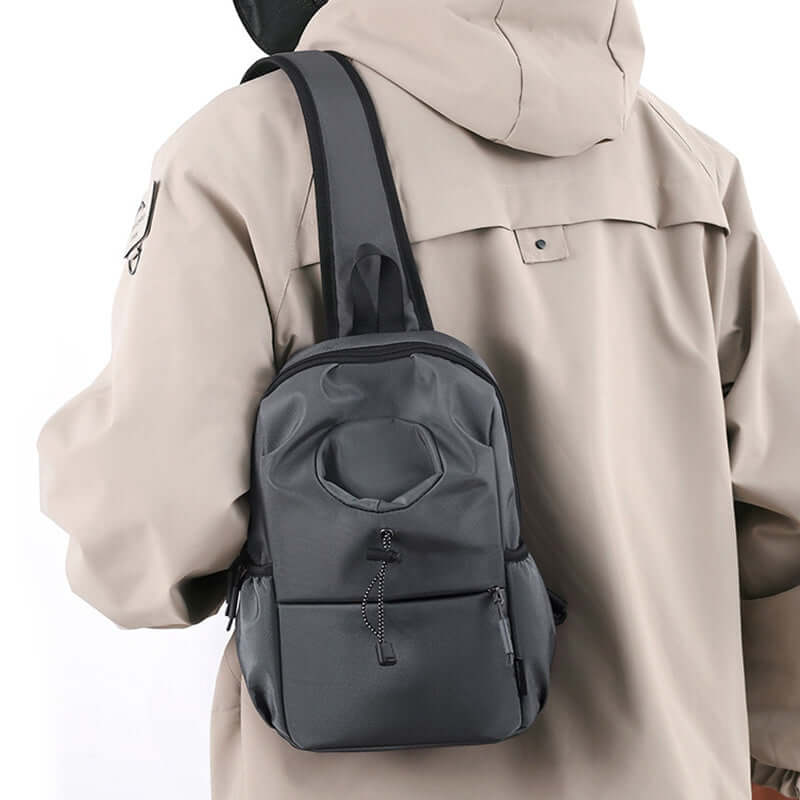 Men's dark gray Oxford cloth shoulder crossbody chest bag, waterproof and breathable for daily use.