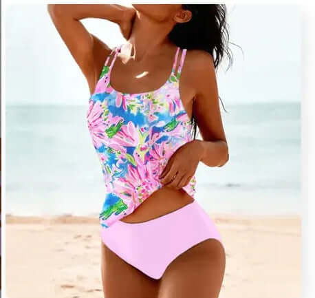 Vintage printed high waist women's swimwear, colorful floral design perfect for summer beach outings.