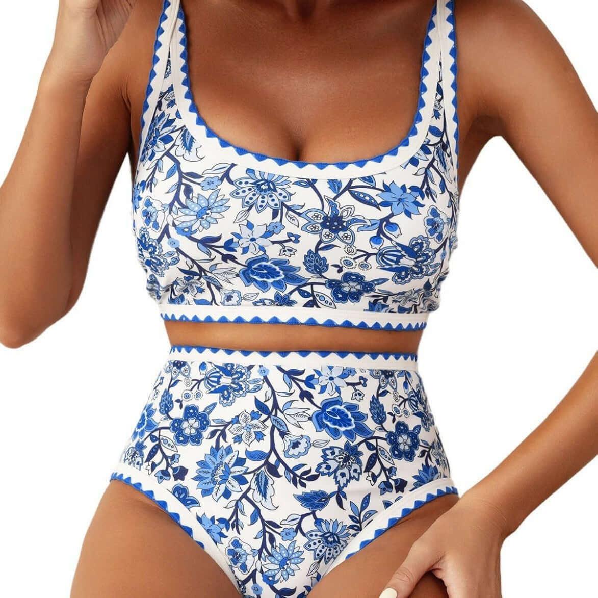 Women's floral paisley pattern bikini swimsuit in blue and white, perfect for swimming and wading.