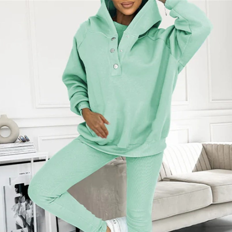 3pcs Women&#39;s Sports Suit Loose Hooded Pockets Sweatshirt And Vest And Slim Trousers