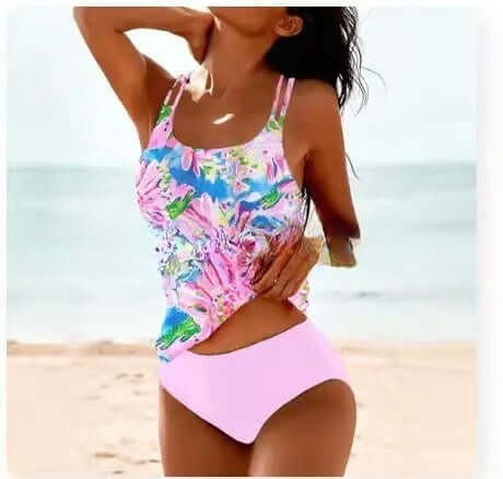 Women&#39;s Retro Split High Waist Bikini with vibrant beach print, perfect for summer swimwear.
