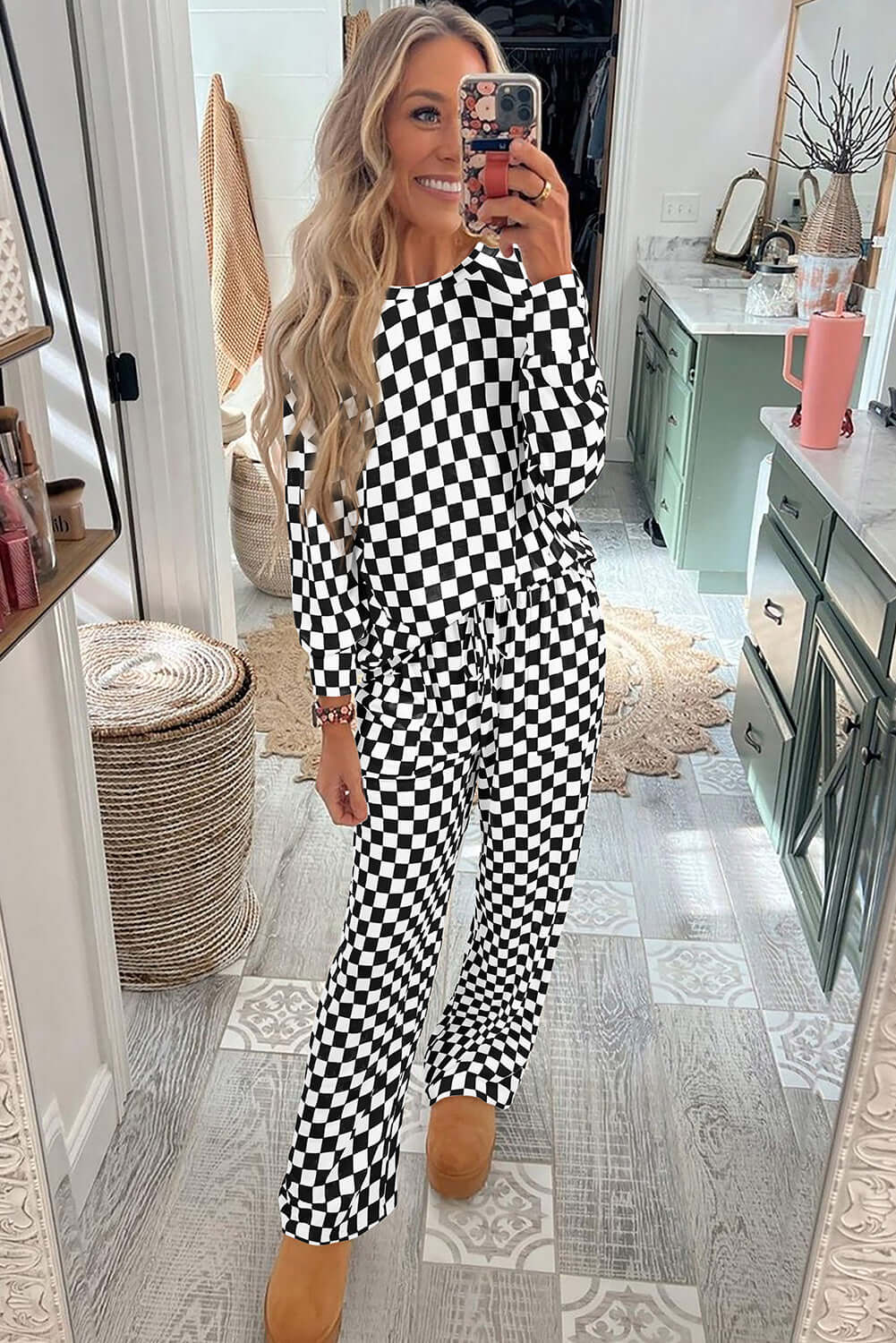 Black Checkered Print Long Sleeve Top and Pants Lounge Set - Little Miss Vanilla