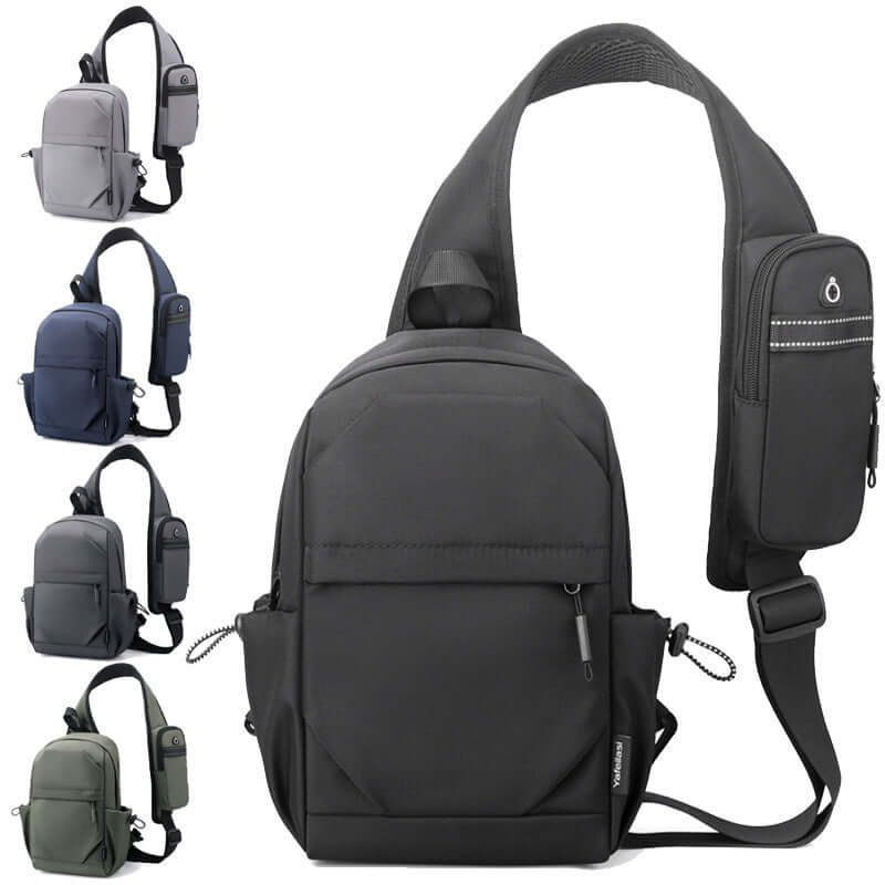 Men's Oxford cloth backpack in dark gray, blue, and green, featuring breathable, waterproof design for durability.