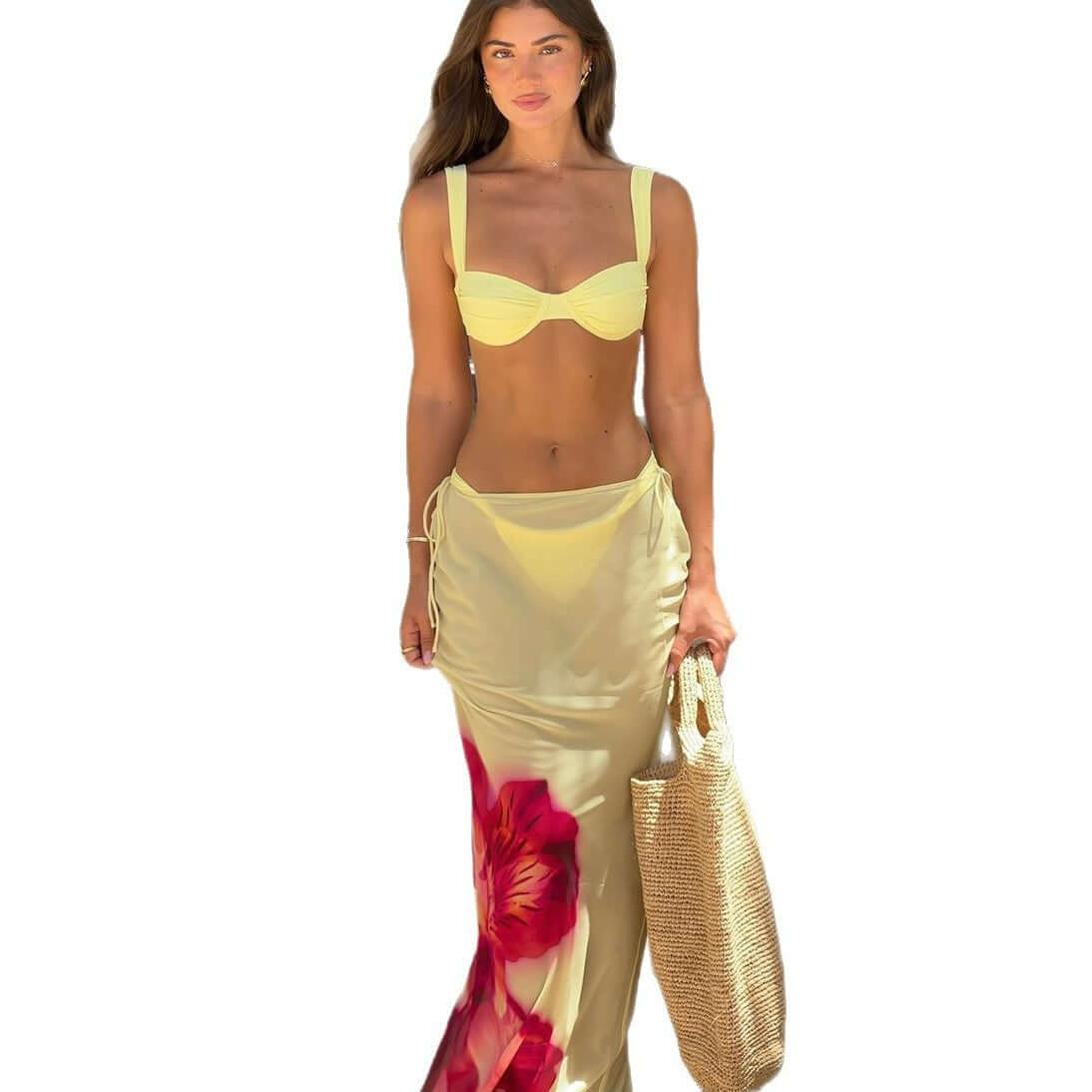 Yellow printed three-piece bikini set, featuring a stylish skirt, perfect for women's swimwear and sunny beach days.